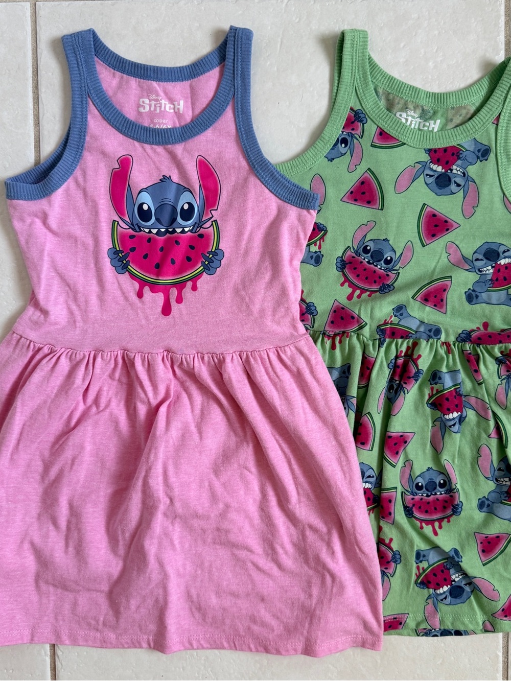2 Disney Stitch Tank Dress Bundle Pink Green Watermelon Girls size 6 set